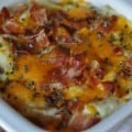 mashed potatoes, cheddar cheese, bacon, and chives